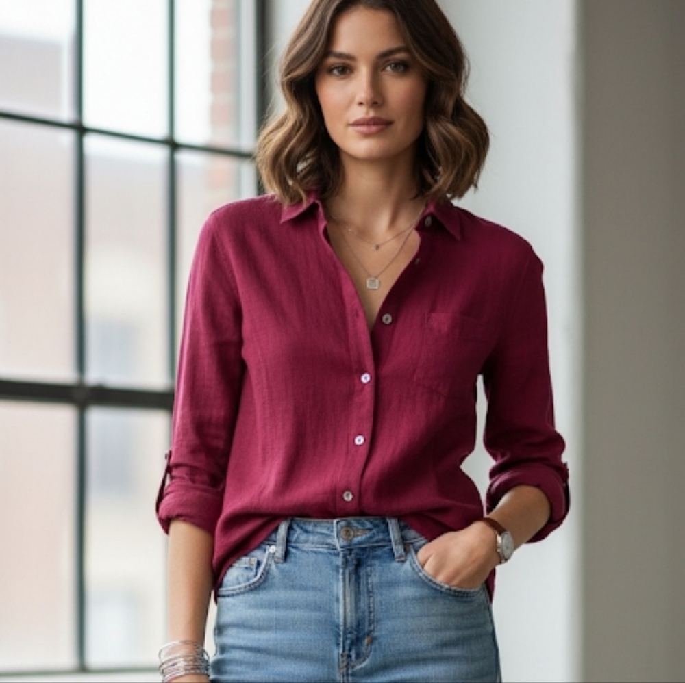 Women's Lightweight Burgundy Button-Down Shirt